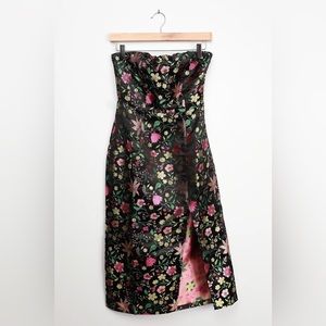 Lulus Make a Move Black Satin Floral Jacquard Strapless Midi Dress